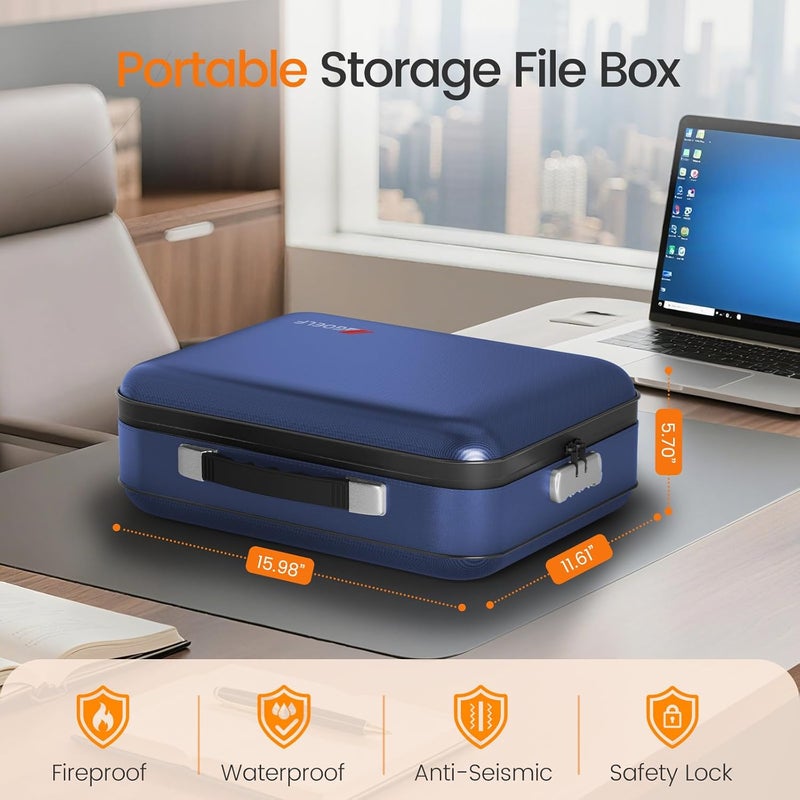 GOELF Fireproof Document Box with Lock, 5200°F Fireproof Water Resistant Hard Case File Organizer Safe Box for Important Documents, Certificates, Laptop, Passports (Blue) - Image 2